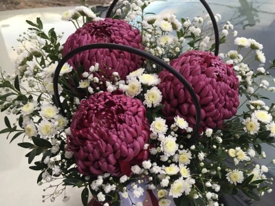 Цветочная композиция в сумочке «пурпурная радость»