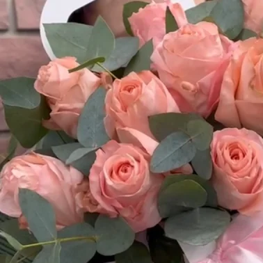 11 коралловых роз с эвкалиптом в сумочке