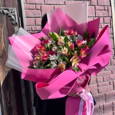 Букет 15 веток альстромерии с бантом